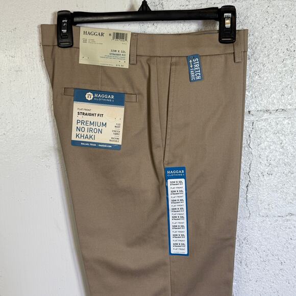 Haggar Men’s Premium No Iron Khaki Straight Flat-Front Pants beige 32X32 $70 - Picture 1 of 8